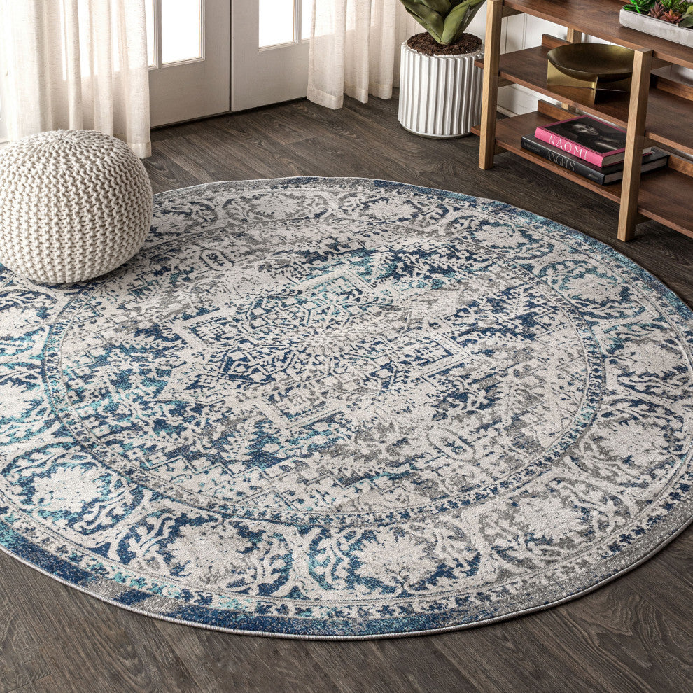 Modern Persian Vintage Medallion Navy /Light Grey 5' Round Area Rug