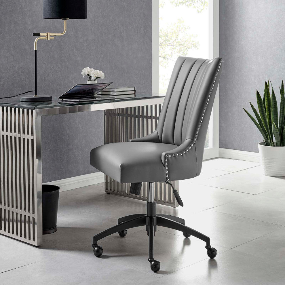 Computer Work Desk Tufted Chair, Faux Vegan Leather, Black Gray, Home Office