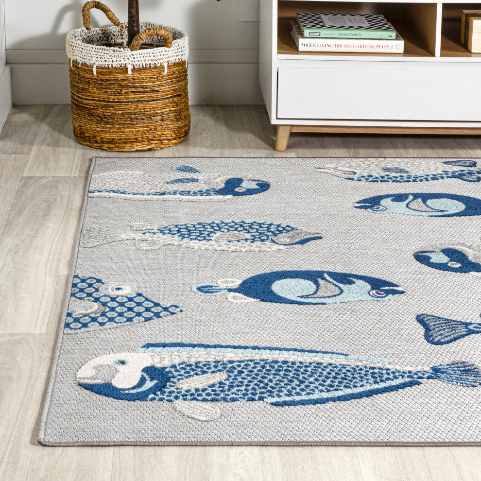 Algarve Modern Fish High-Low Indoor/Outdoor Area Rug, Gray/Navy, 5 X 8