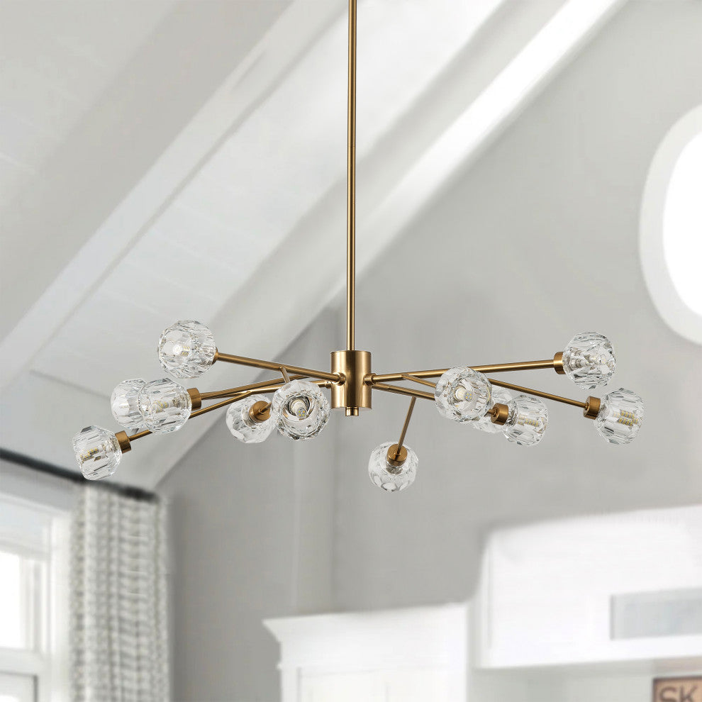 Mid-Century Modern Brass 12-Light Clear Glass Sputnik Chandelier