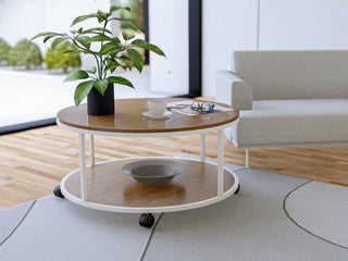 Harley Round Coffee Table, Powder Coating White, Brown Wood Laminate