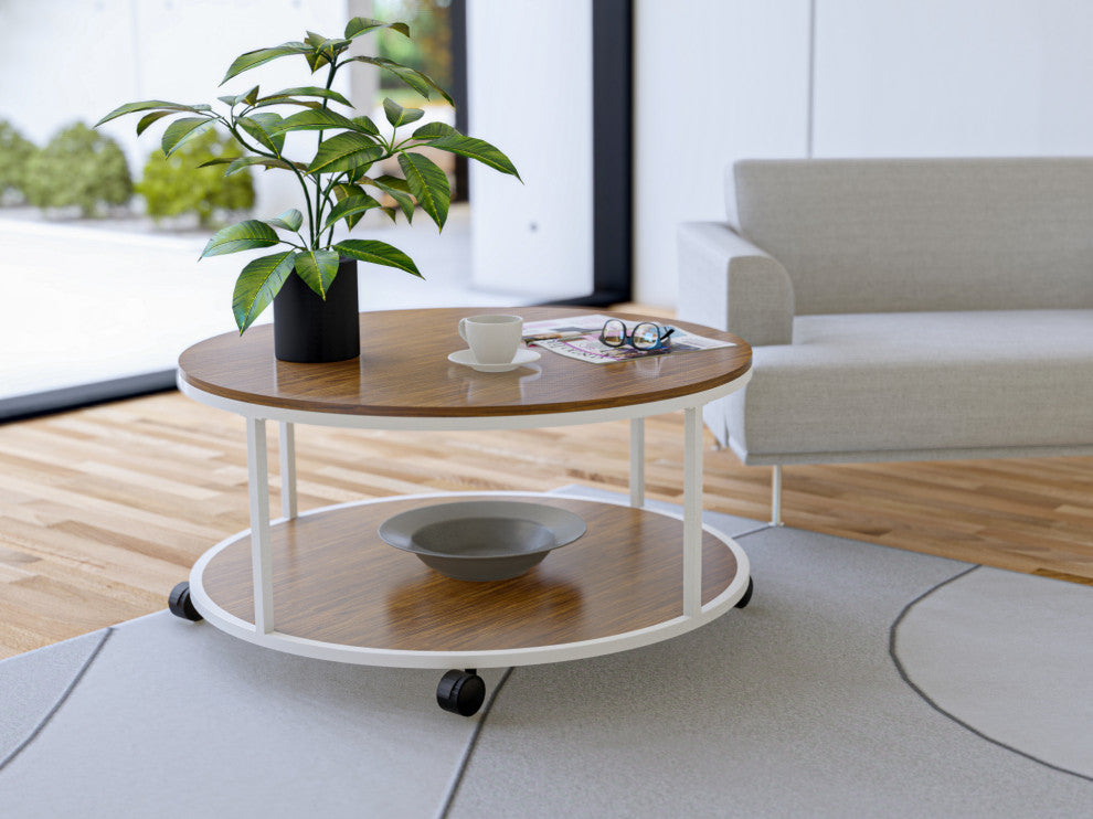 Harley Round Coffee Table, Powder Coating White, Brown Wood Laminate