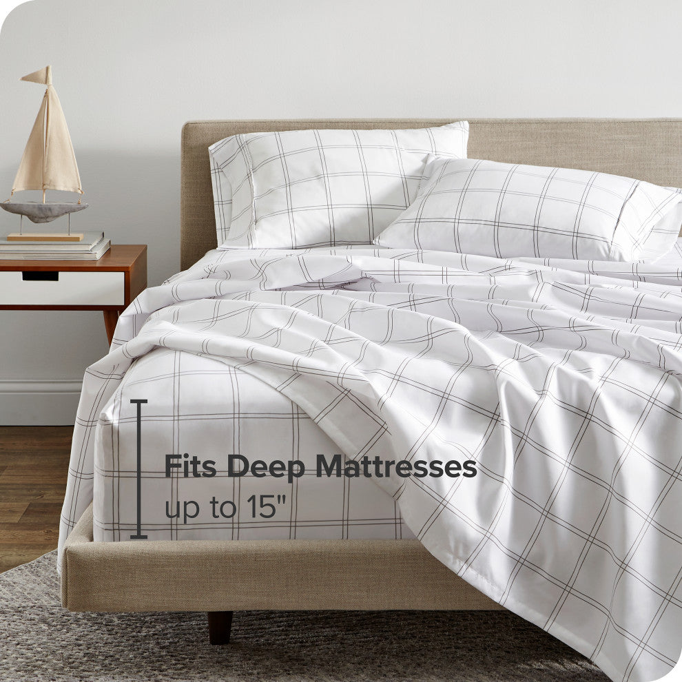 1800 Microfiber Sheet Set, Windowpane White/Mushroom, Split King