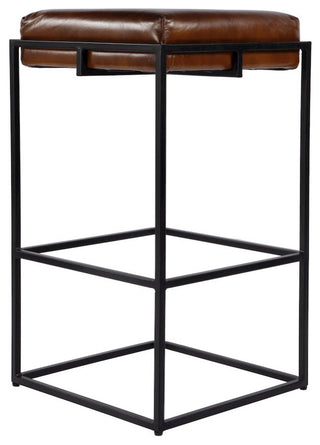 31" Seat Height Leather and Iron Backless Bar Height Stool With Footrest