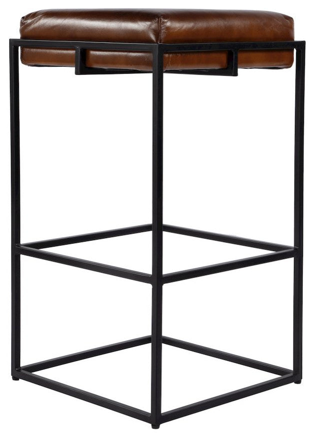 31" Seat Height Leather and Iron Backless Bar Height Stool With Footrest