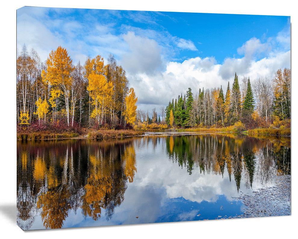 Nice Autumn Trees With Forest Lake, Landscape Canvas Art Print, 60"x28"