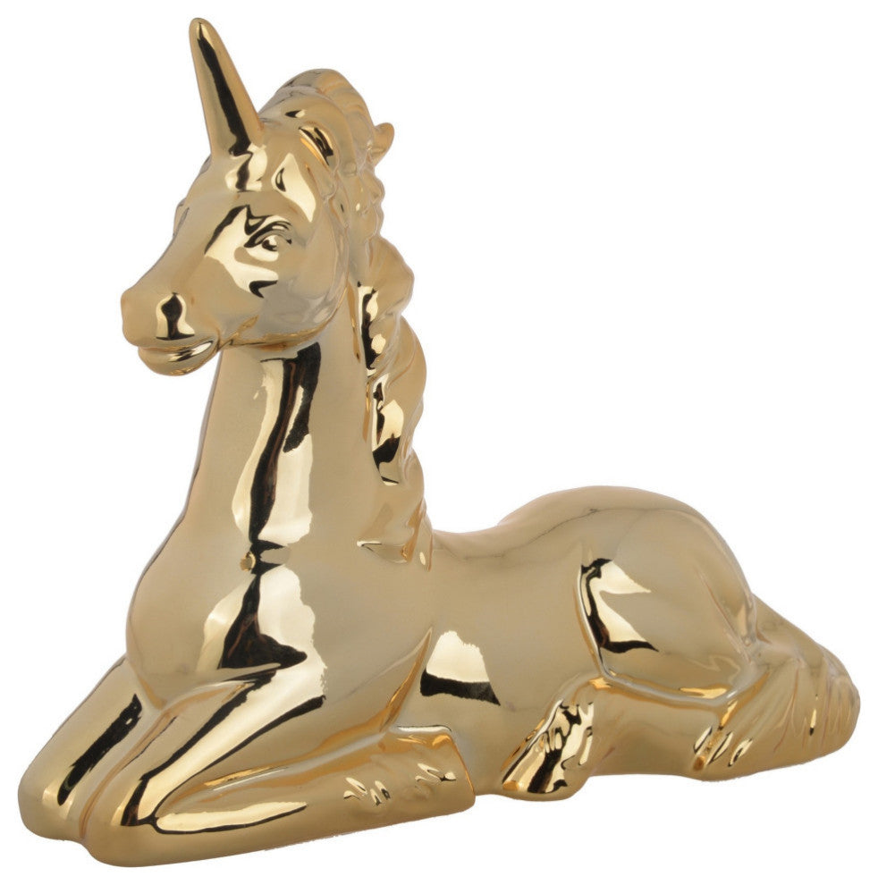 11 Inch Sitting Unicorn Figurine, Ceramic Statuette in Gold Metallic Finish