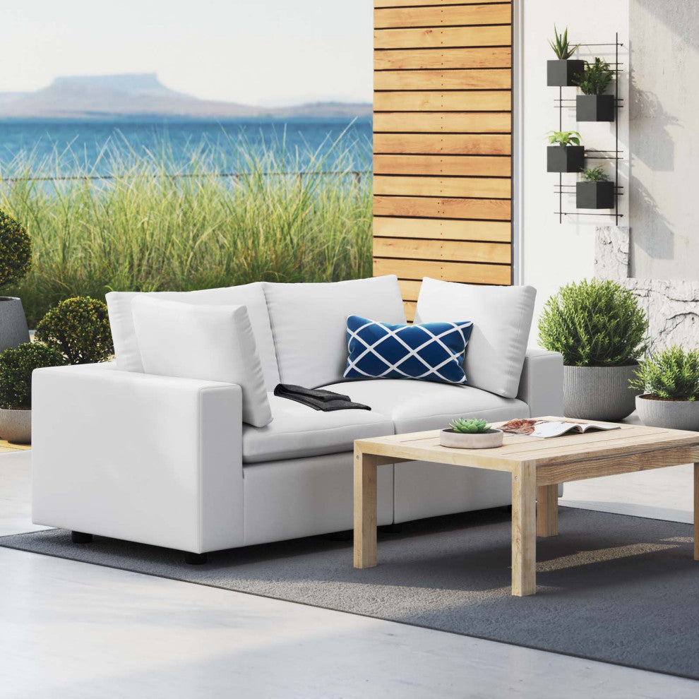 Modular Lounge Loveseat Deep Sofa, Sunbrella, White, Modern, Outdoor Patio