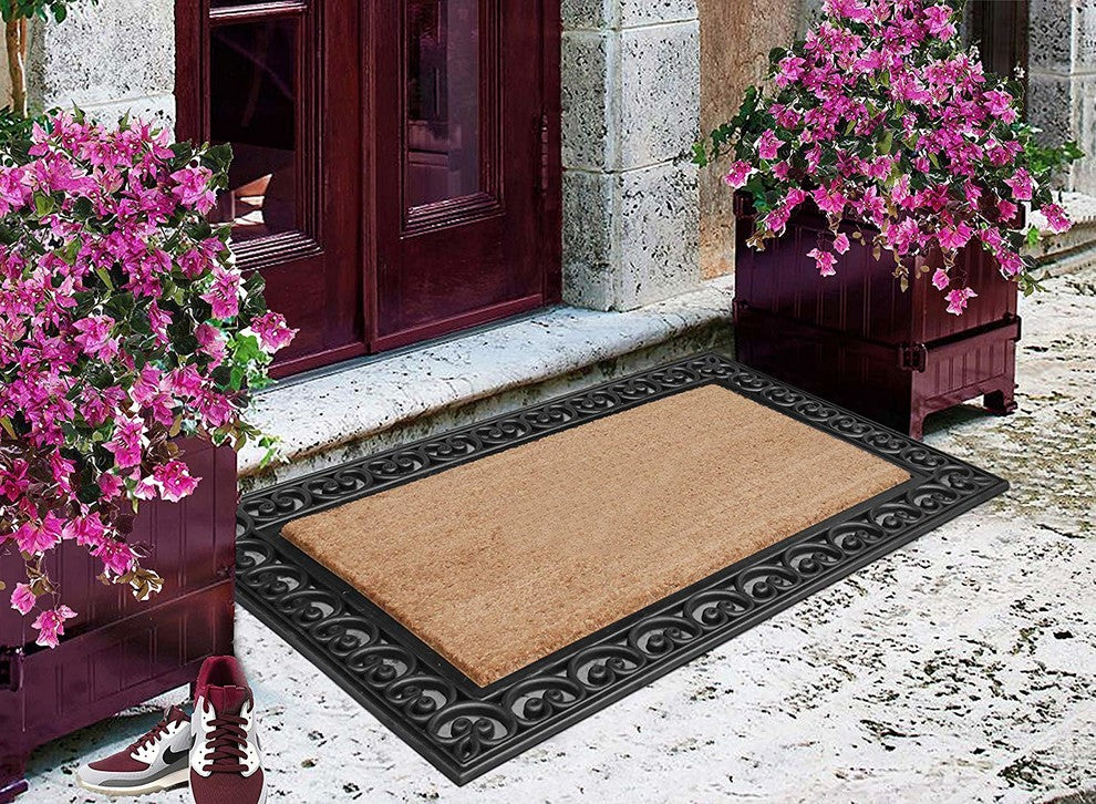 A1HC Black Rubber And Coir Paisley Border Double Doormat, 30"X48"