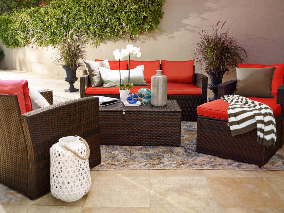 Rio 5-Piece Wicker Conversation Set With Storage and Ottoman, Dark Brown Wicker/