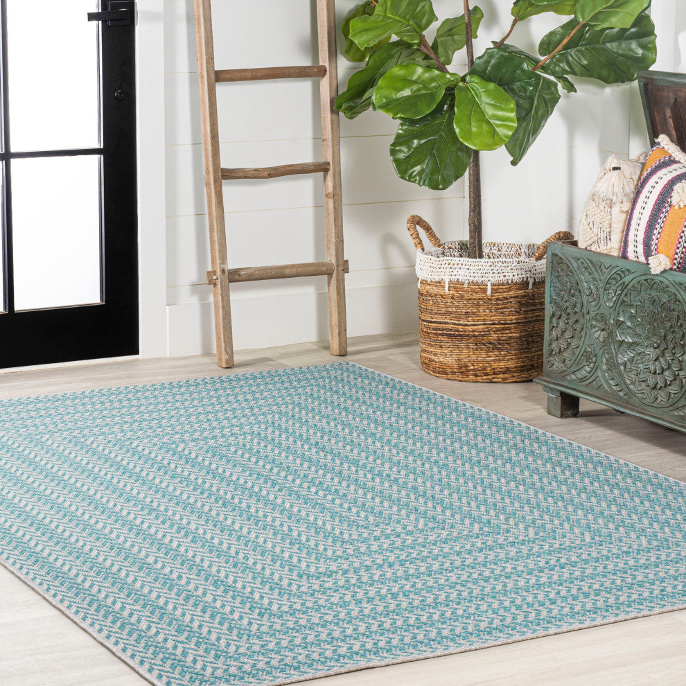 Chevron Modern Concentric Squares Indoor/Outdoor Area Rug, Aqua/Light Gray, 8x10