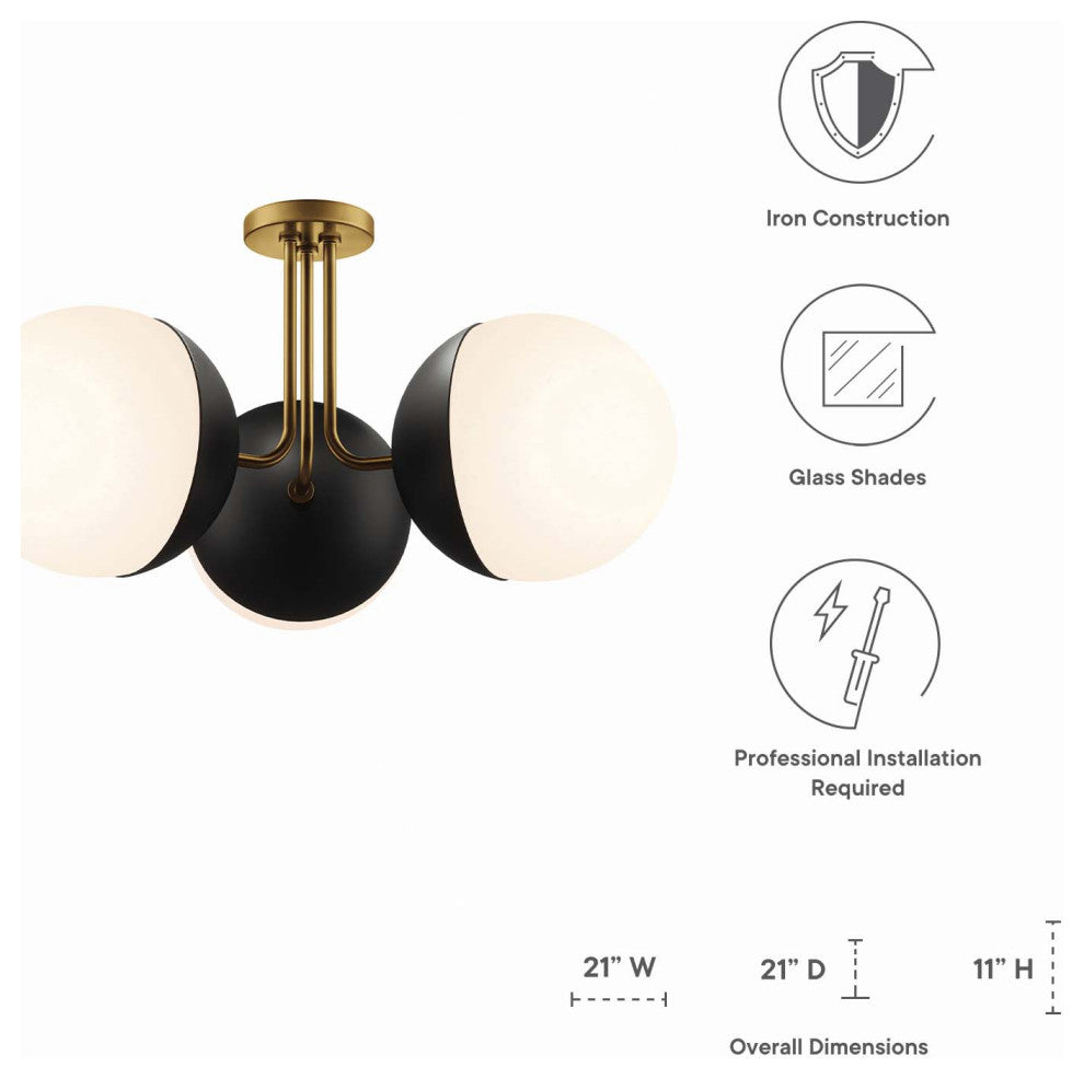 Stellar 3-Light Semi-Flush Ceiling Light, Opal Satin Brass