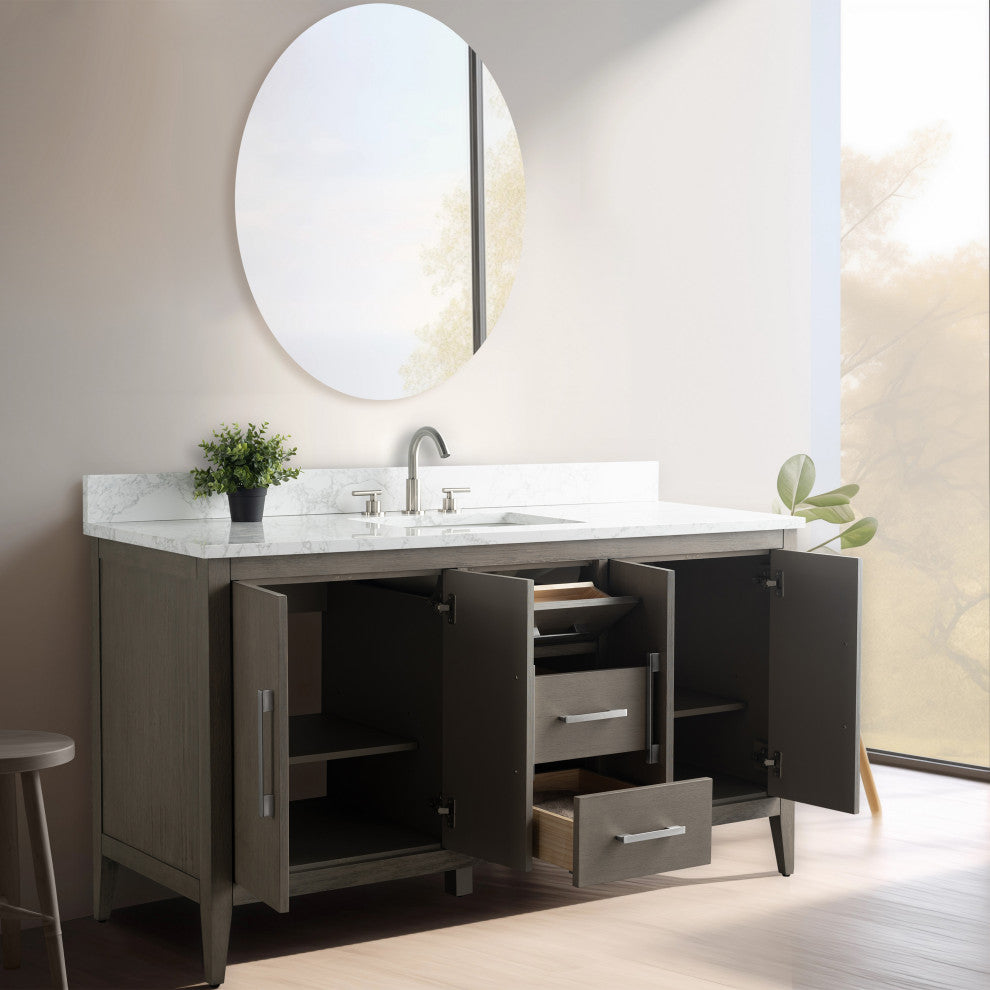 Vanity Art Bathroom Vanity With Sink, Driftwood Gray, 60", Single Sink, Brushed Nickel