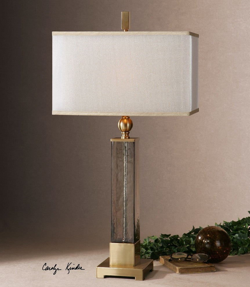 Elegant Square Amber Glass Column Table Lamp 33 in Gold Brass Contemporary Clear