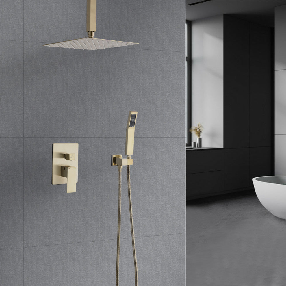 Ceiling Mounted Shower System Set With 10" Rain Shower Head, Brushed Gold