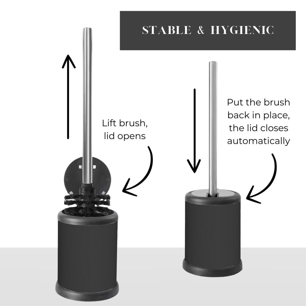 Toilet Brush Set with Stainless Steel Handle, Folding Lid and Removable Insert, Black