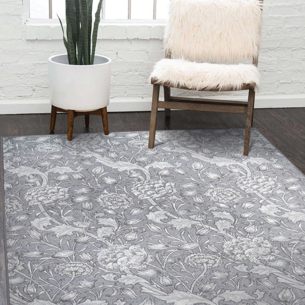 My Magic Carpet Washable Rug Kalini Floral Grey, 5'' X 7''