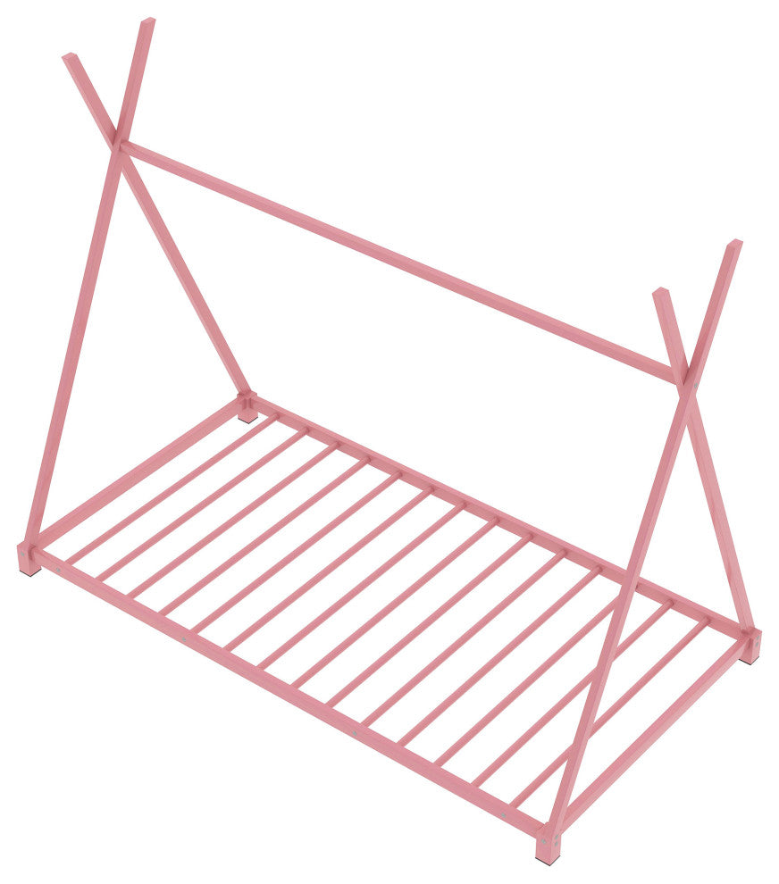 Metal Twin Size House Platform Bed with Triangle Structure, Pink