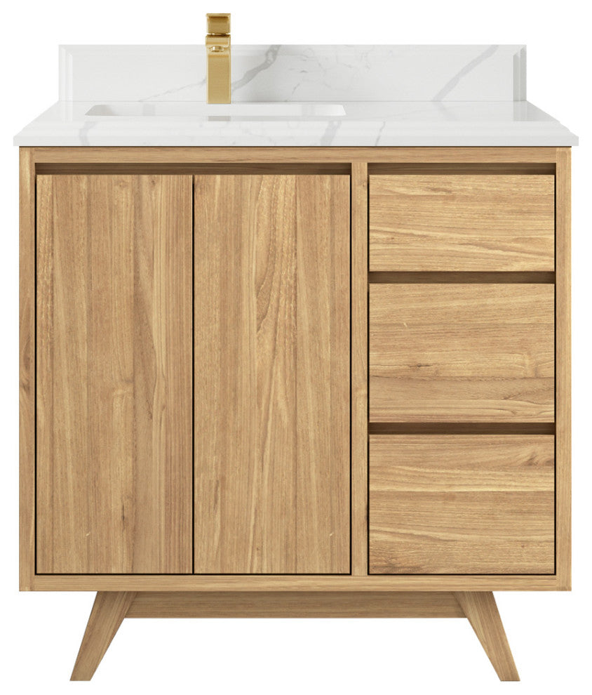 Madison Teak 36 Left Offset Bath Vanity in Light Natural 1.5" Calacatta Laza