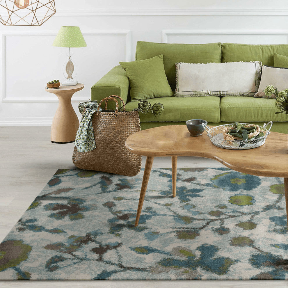 5'X8' Teal Blue Machine Woven Floral Indoor Area Rug