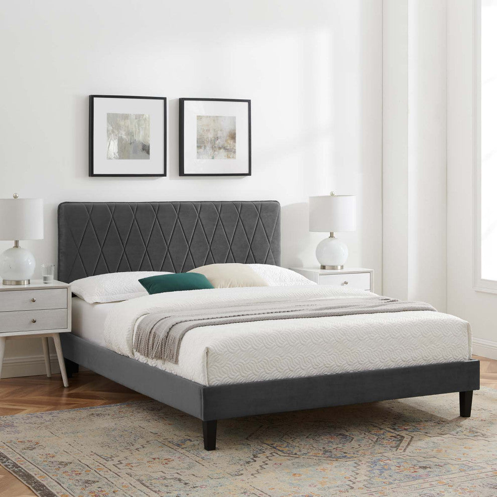 Platform Bed Frame, King Size, Velvet, Dark Gray, Modern Contemporary