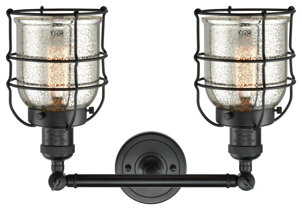 2-Light Small Bell Cage 18" Bath Fixture, Matte Black, Glass: Silver Mercury