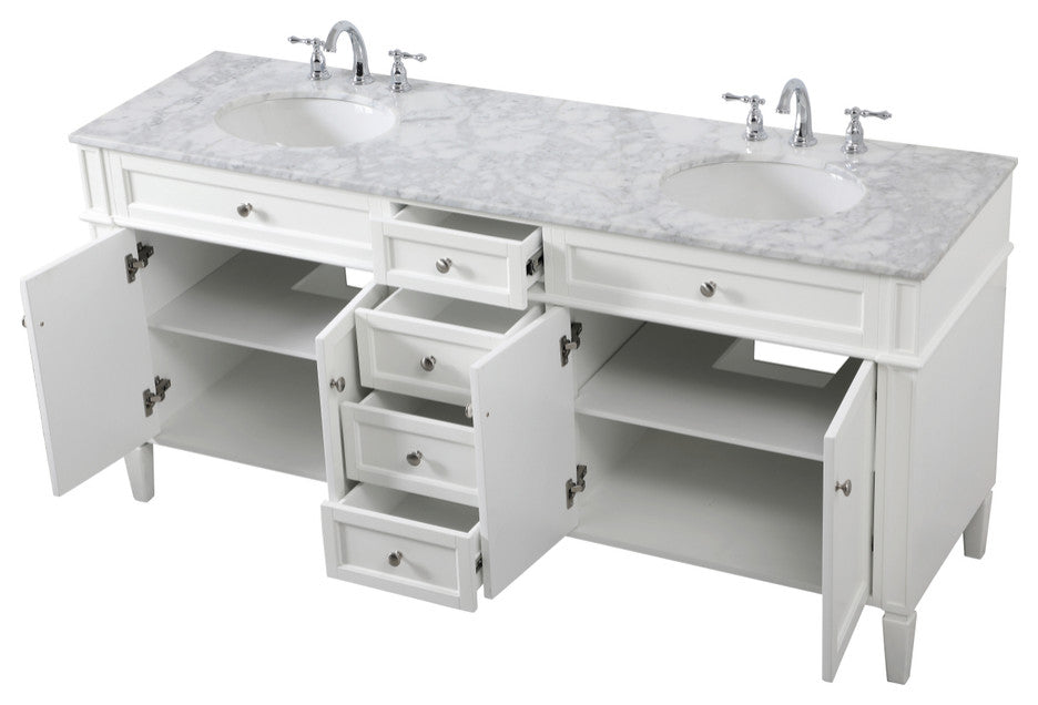 Home Living Vanity with Carrara White Marble Countertop, White, 72", Double Sink