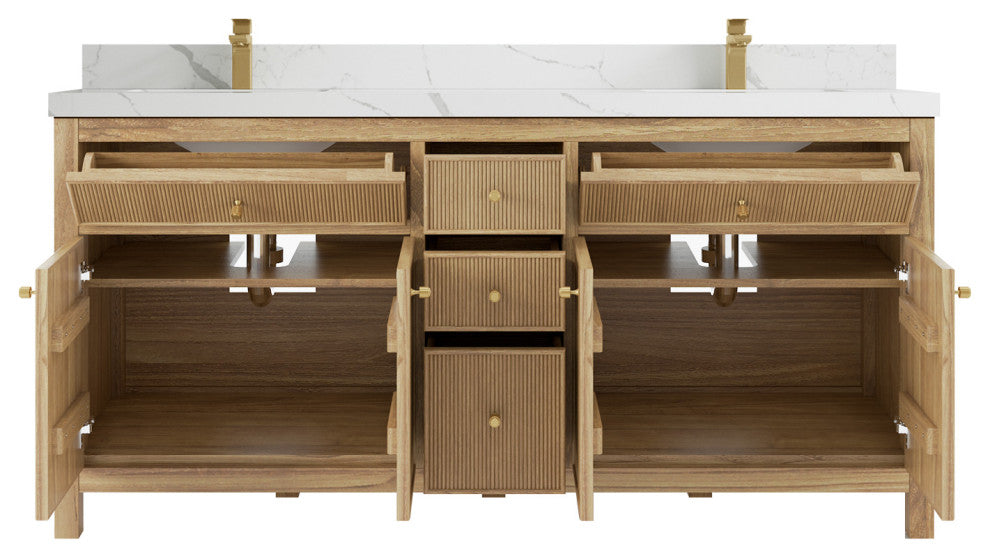 Sonoma 72 Double Sink Bath Vanity in Light Natural Teak with 2" Calacatta Laza