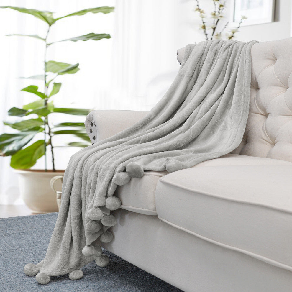 Pom Pom Flannel Fleece Throw Blanket, Silver Grey, 50" X 60"