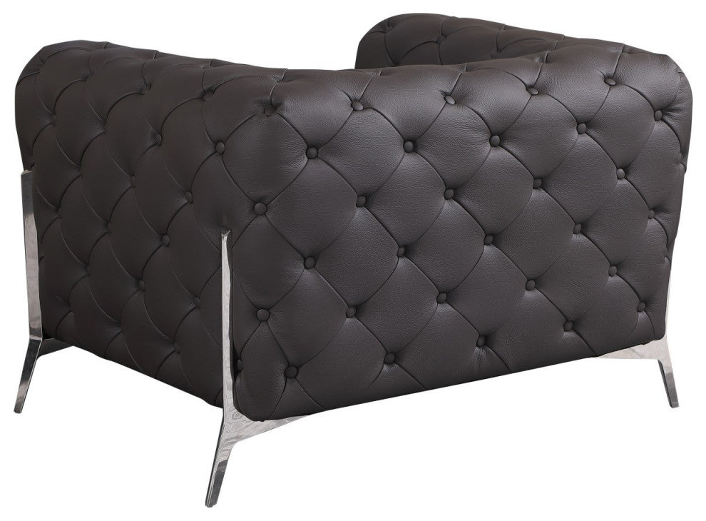 Glam Espresso Brown and Chrome Tufted Leather Armchair