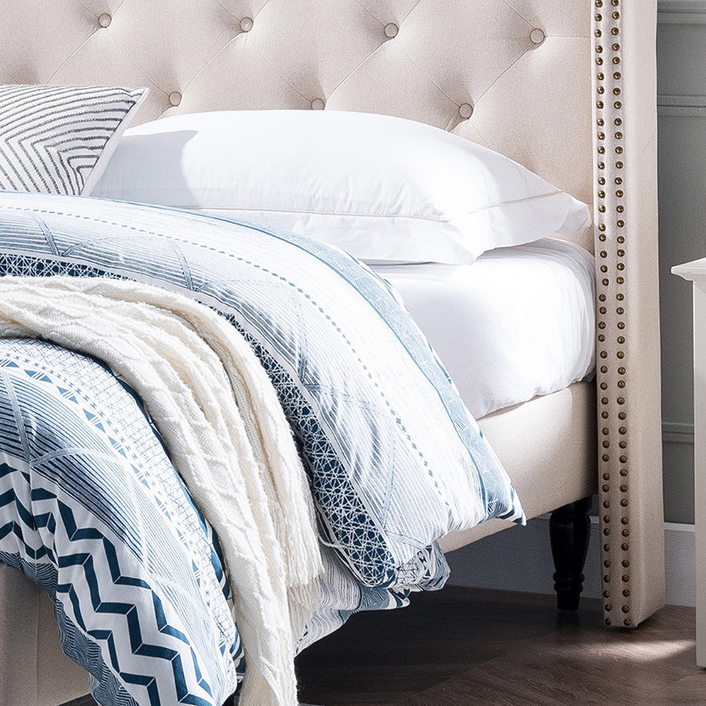 GDF Studio Ray Traditional Fully-Upholstered Queen-Size Bed Frame, Beige