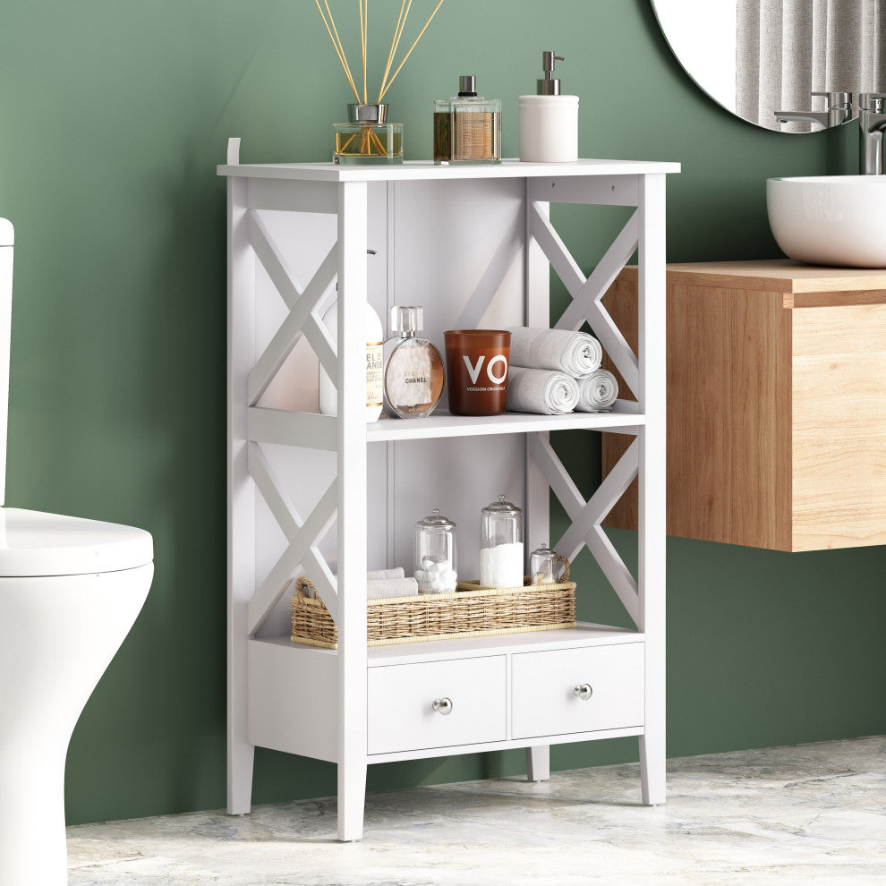 Lewis Bathroom Floor Storage Rack With Drawers, White