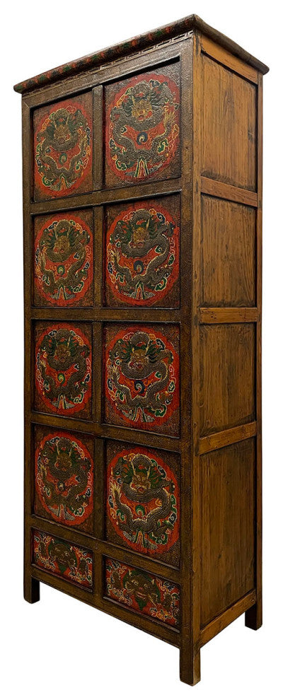 Consigned Antique Tibetan Painted Dragon Tall Cabinet