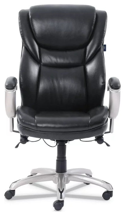 Modern Office Chair, Silver Base With Bonded Leather Seat & Padded Arms, Black