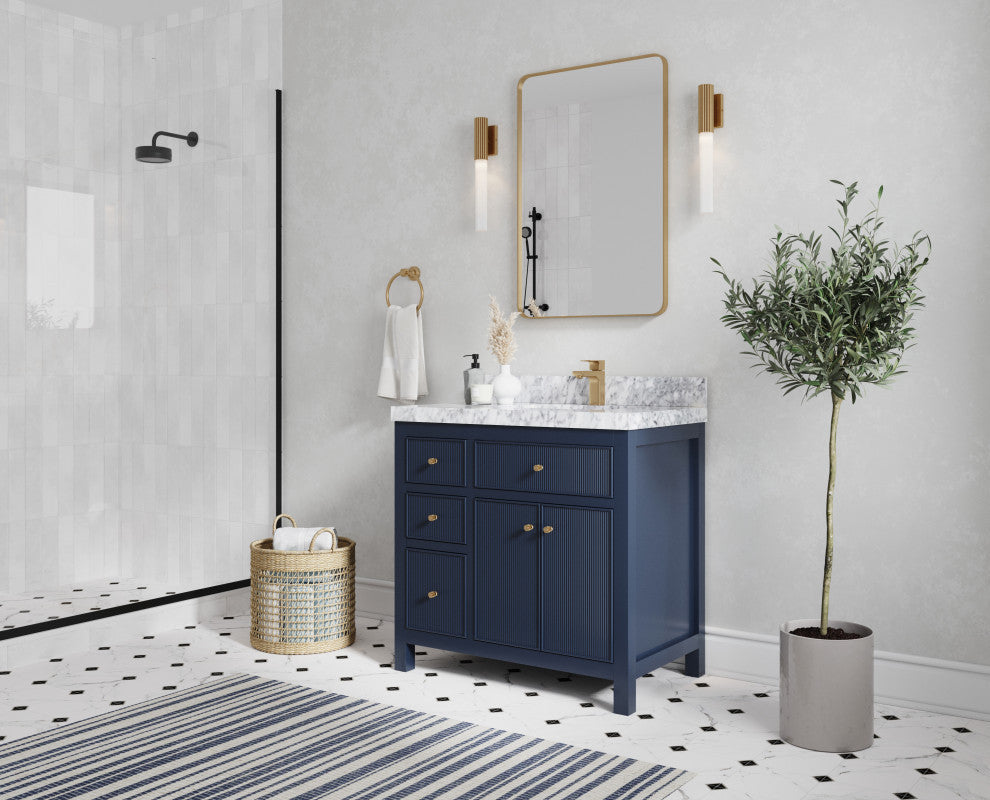 Sonoma 36 Right Offset Reeded Bath Vanity in Hale Navy Blue 2" Piatra Gray