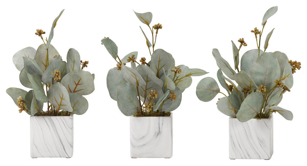 Seeded eucalyptus branches in marbled ceramic cube - set of 3