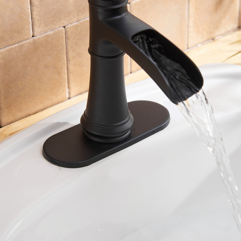 Waterfall Spout Bathroom Sink Faucet with Pop-up Drain, Matte Black