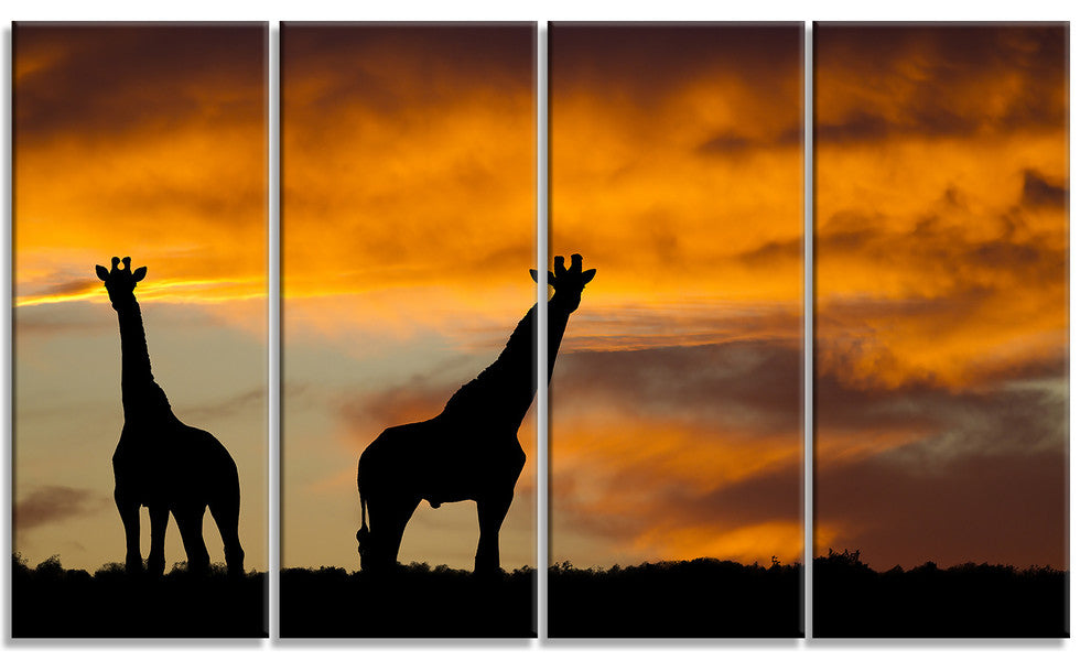 African Wildlife Silhouette, African Canvas Art Print, 48"x28", 4 Panels