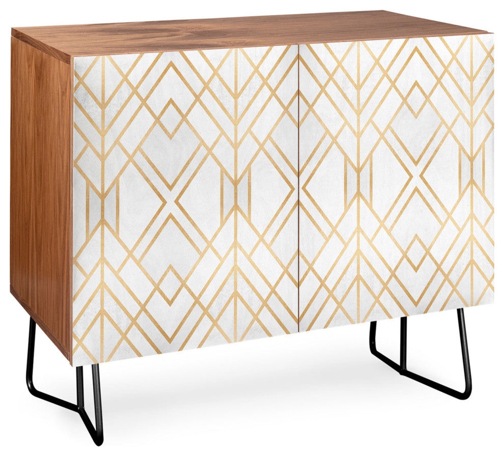 Deny Designs Golden Geo Credenza, Walnut, Black Steel legs