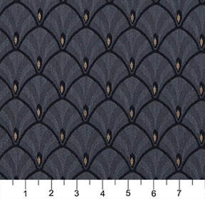 Navy Blue And Gold Fan Jacquard Woven Upholstery Fabric By The Yard
