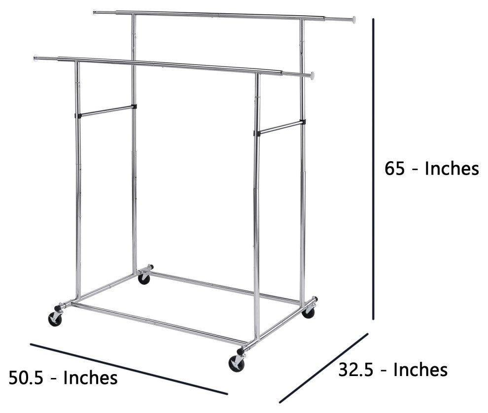 Dual Bar Tubular Metal Frame Garment Rack with Casters, Chrome