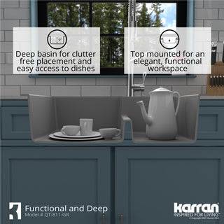 Karran 33" Top Mount Double Bowl 60/40 Quartz Kitchen Sink Kit, Grey