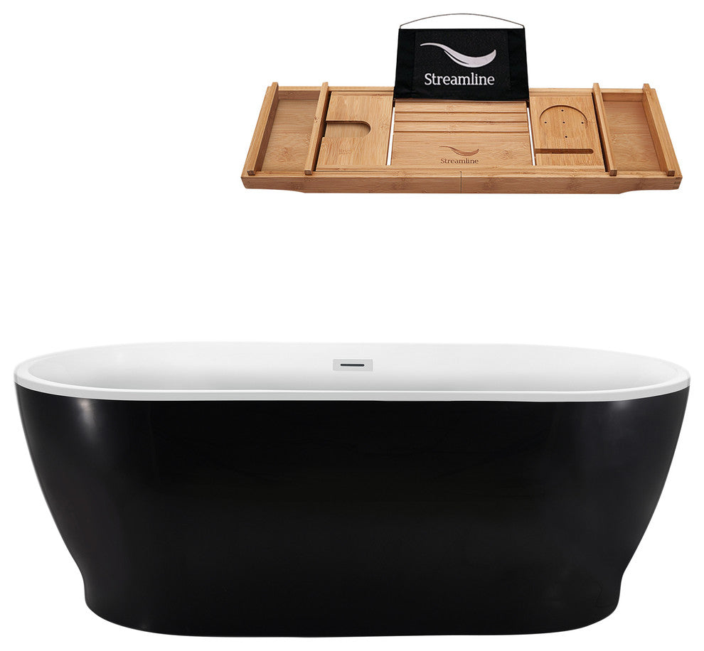 70" Black Freestanding Tub and Tray With Internal Drain, Oval Shaped