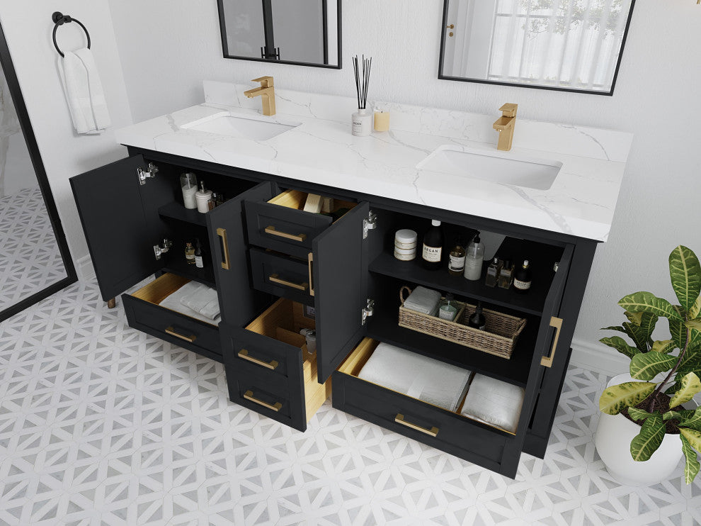 Boston 72" Double Sink Bath Vanity, Wrought Iron 2" Calacatta Black