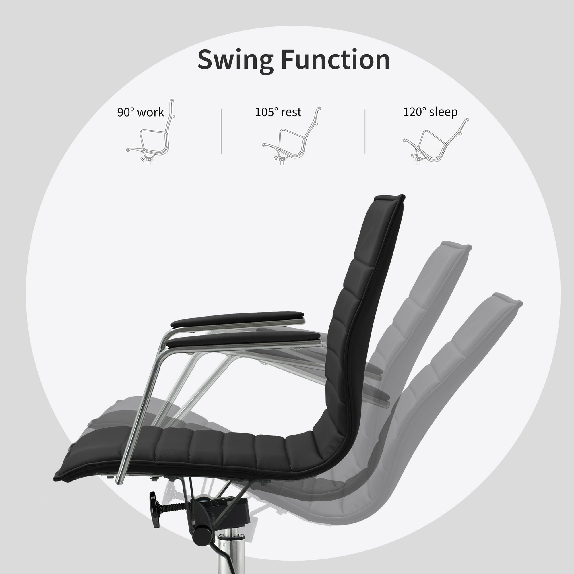 Modern Office Arm Chair With Wheels  Mid Back Ribbed PU Leather Adjustable, Black