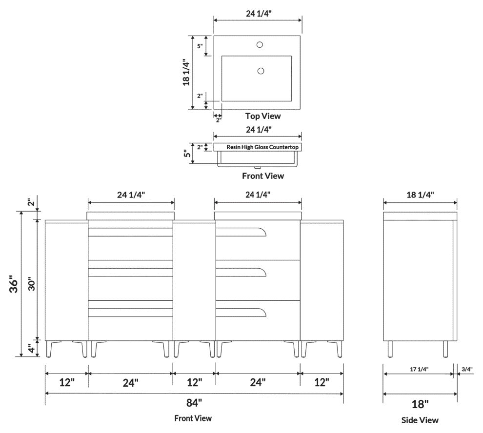 Freestanding White Vanity Set - Two Sink Bases Three 12 Side Bases, 84"