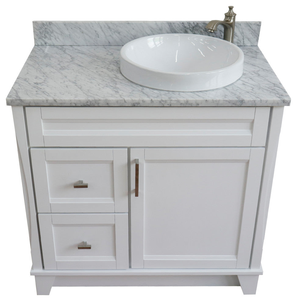 37" Single Sink Vanity, White Finish Top With White Carrara Marble