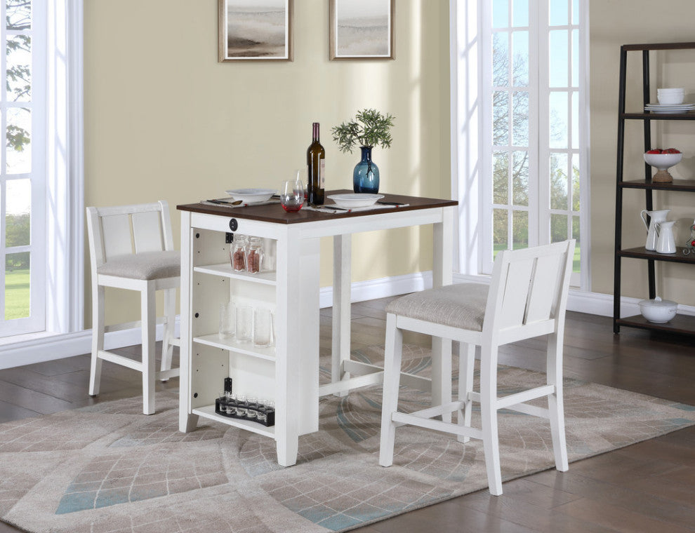 Graham 3-Piece Small Space Counter Height Dining Table, Shelves, 2 Chairs, White