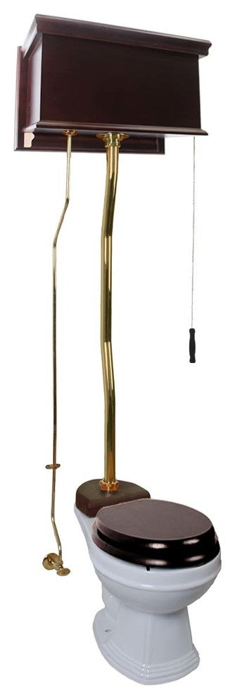 High Tank Toilets White Flat Panel Cherry Finish Round Z-Pipe, White, Brass, Dark Oak