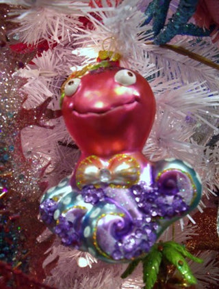 Pretty Pink and Purple Coastal Octopus Glass Christmas Holiday Tree Ornament